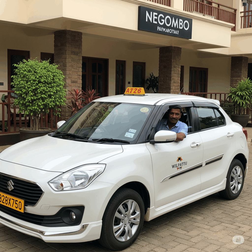 A modern, air-conditioned taxi ready for a comfortable Negombo to Wilpattu journey, ensuring a pleasant start to your wildlife adventure.