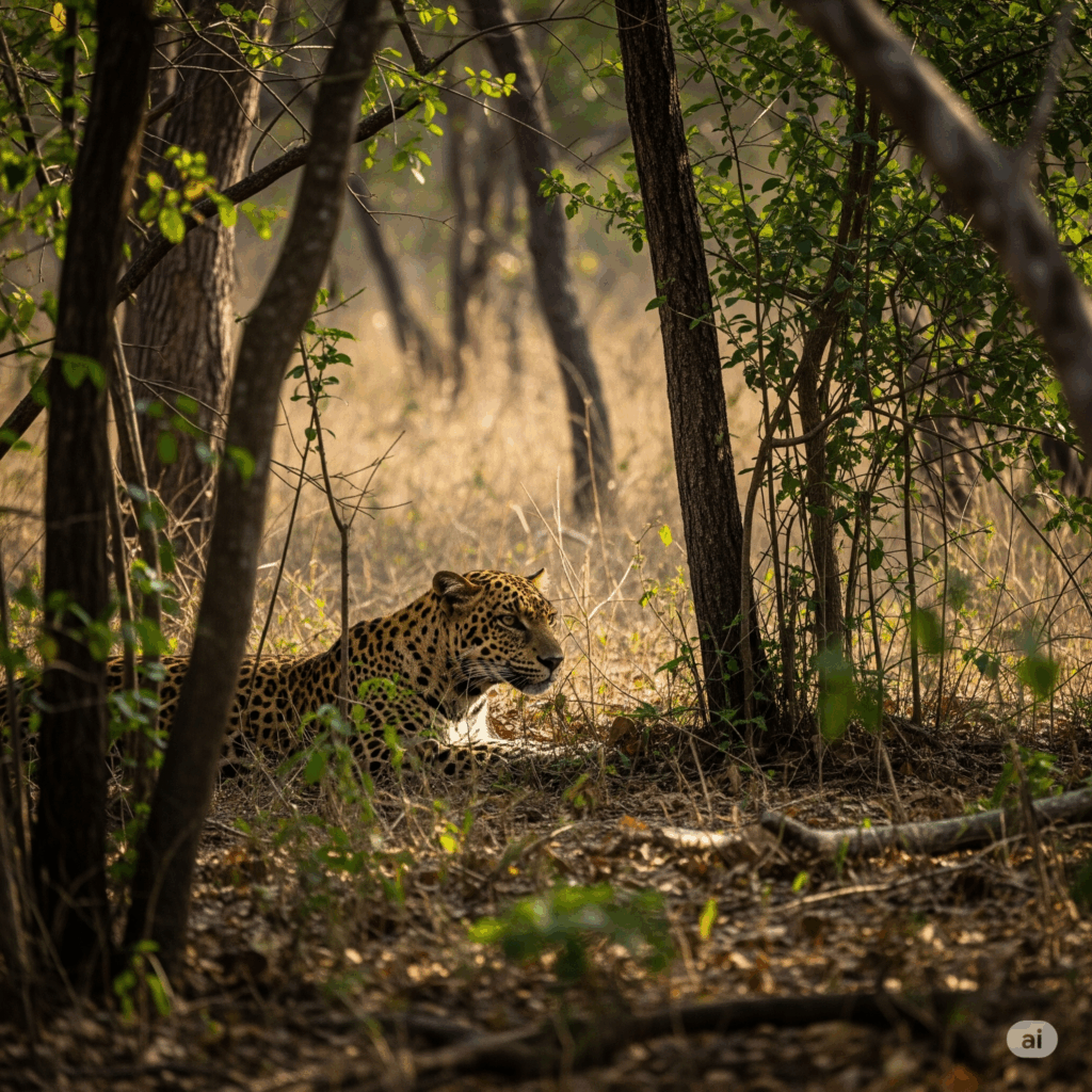 An elusive Sri Lankan leopard spotted during a safari in Wilpattu National Park, the ultimate destination after your Negombo to Wilpattu transfer.