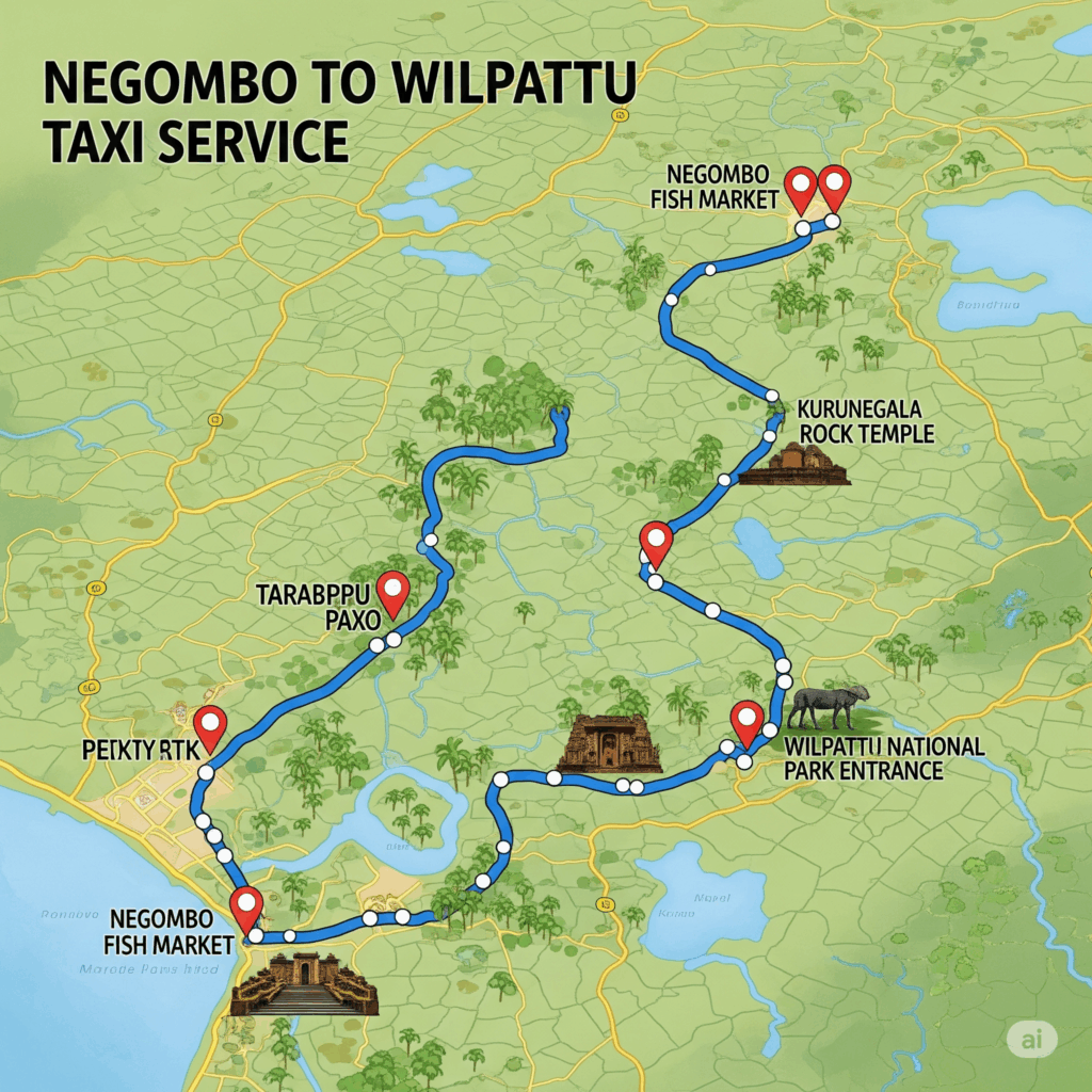 Map illustrating the scenic 149 km route for a Negombo to Wilpattu taxi service, showcasing the direct path to Sri Lanka's largest national park.