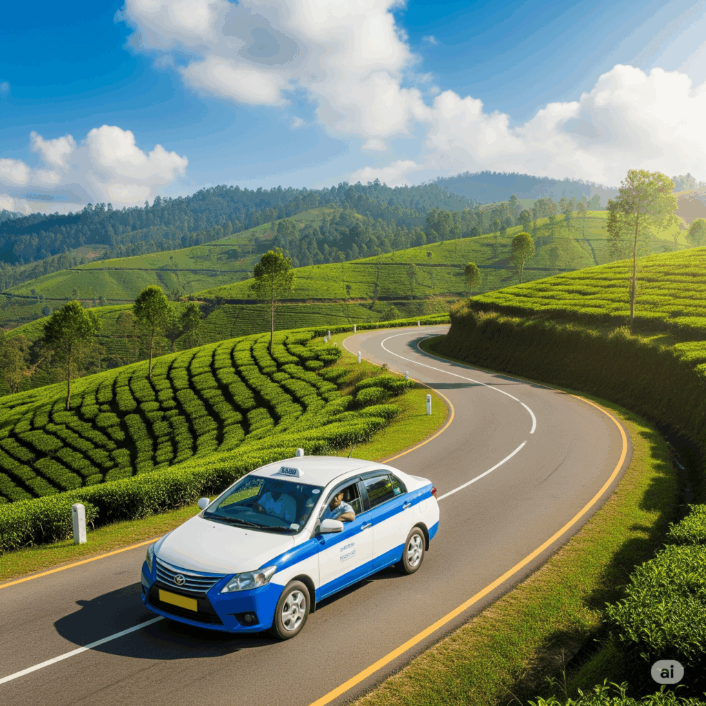 A comfortable taxi making the scenic journey from Negombo to Ella through Sri Lanka's stunning green tea plantations.