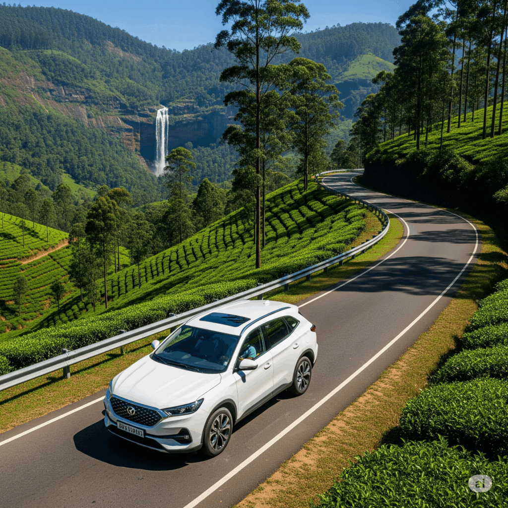 A pristine car ready for a comfortable private transfer from Negombo to Thissamaharama, driving through Sri Lanka's beautiful rural landscapes.