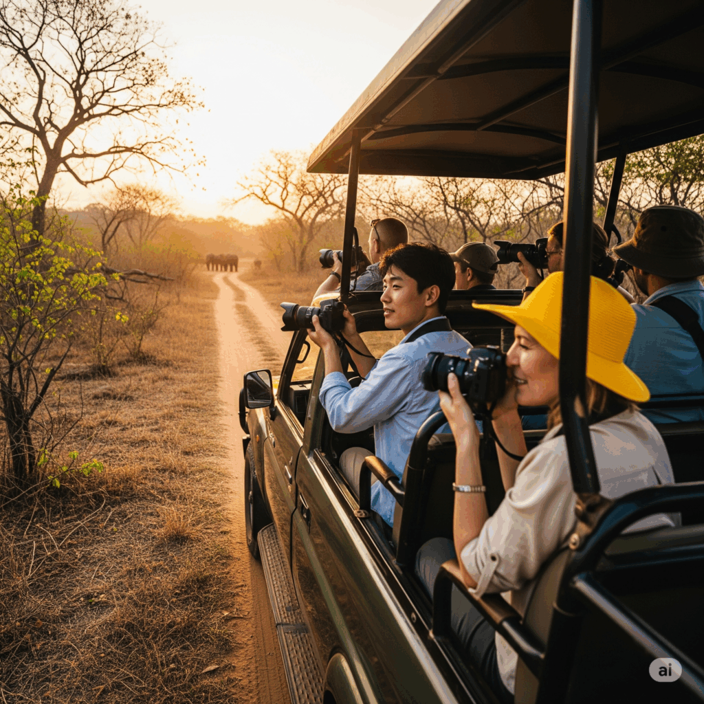 A safari jeep exploring the wilds of Yala National Park, the thrilling end to your Negombo to Yala taxi adventure.