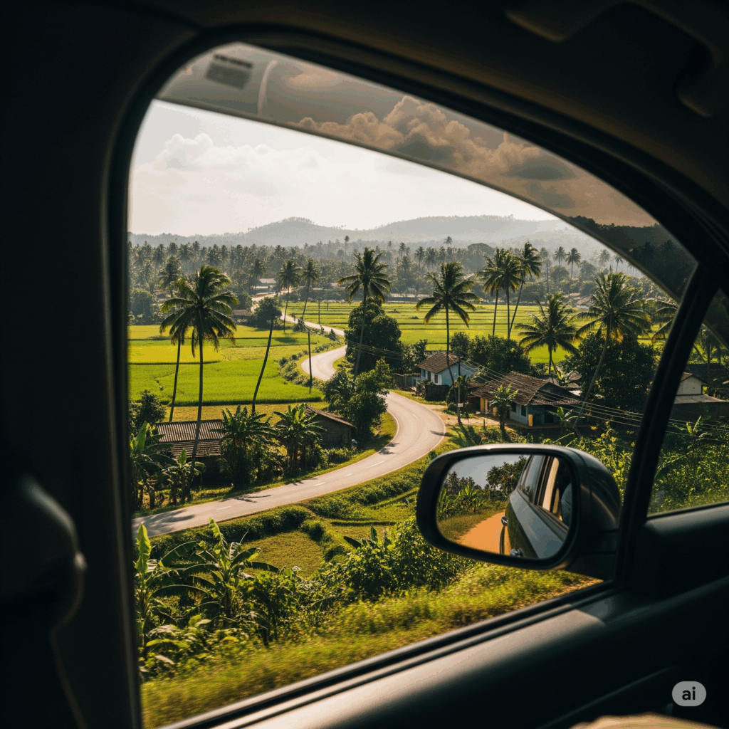 Scenic view from a car window along the route, highlighting the beautiful landscapes during the Negombo to Kataragama drive.