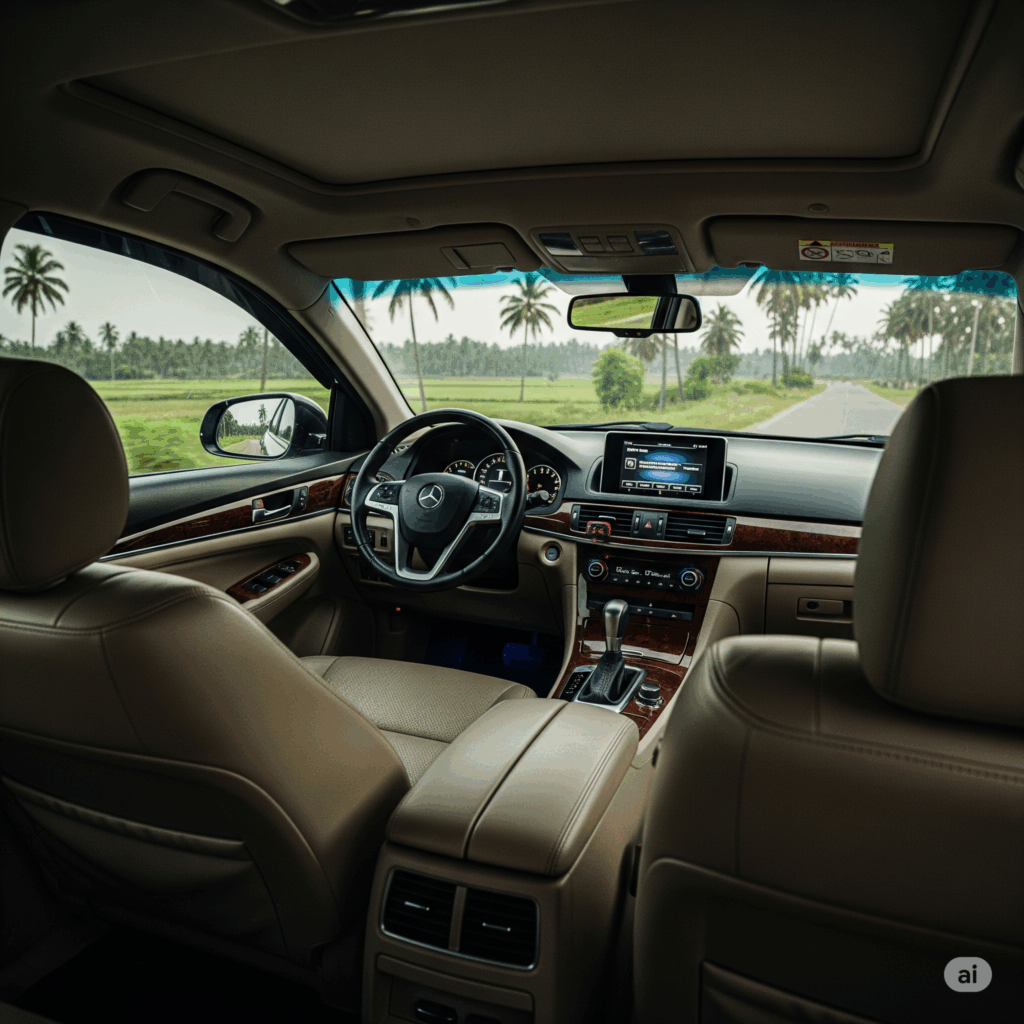 Interior of a comfortable, air-conditioned car, ideal for a smooth Negombo to Kataragama journey.
