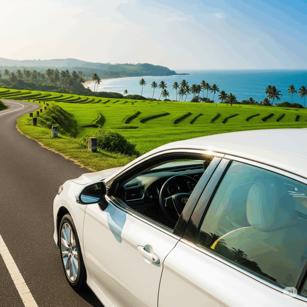 A comfortable and modern taxi car, ready for a seamless private transfer from Negombo to Tangalle, ensuring a relaxing journey through Sri Lanka's beautiful scenery.