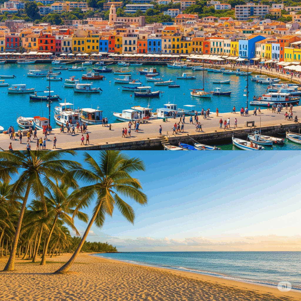 Contrasting scenes of Negombo's vibrant coast and Tangalle's serene beaches, illustrating the diverse beauty experienced during a Negombo to Tangalle journey by taxi.