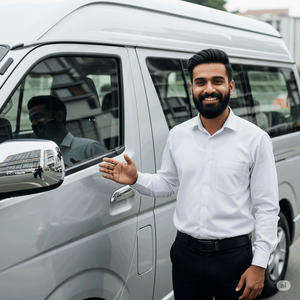 A professional and friendly Cabbuddy.lk driver ready to offer a safe and reliable Negombo to Matara taxi service, standing next to a comfortable and clean vehicle.