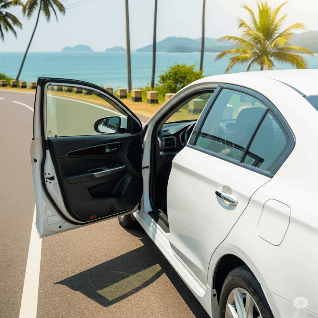 A modern car providing a comfortable taxi service for a smooth journey from Negombo to Matara on the Southern Expressway, surrounded by scenic green fields.