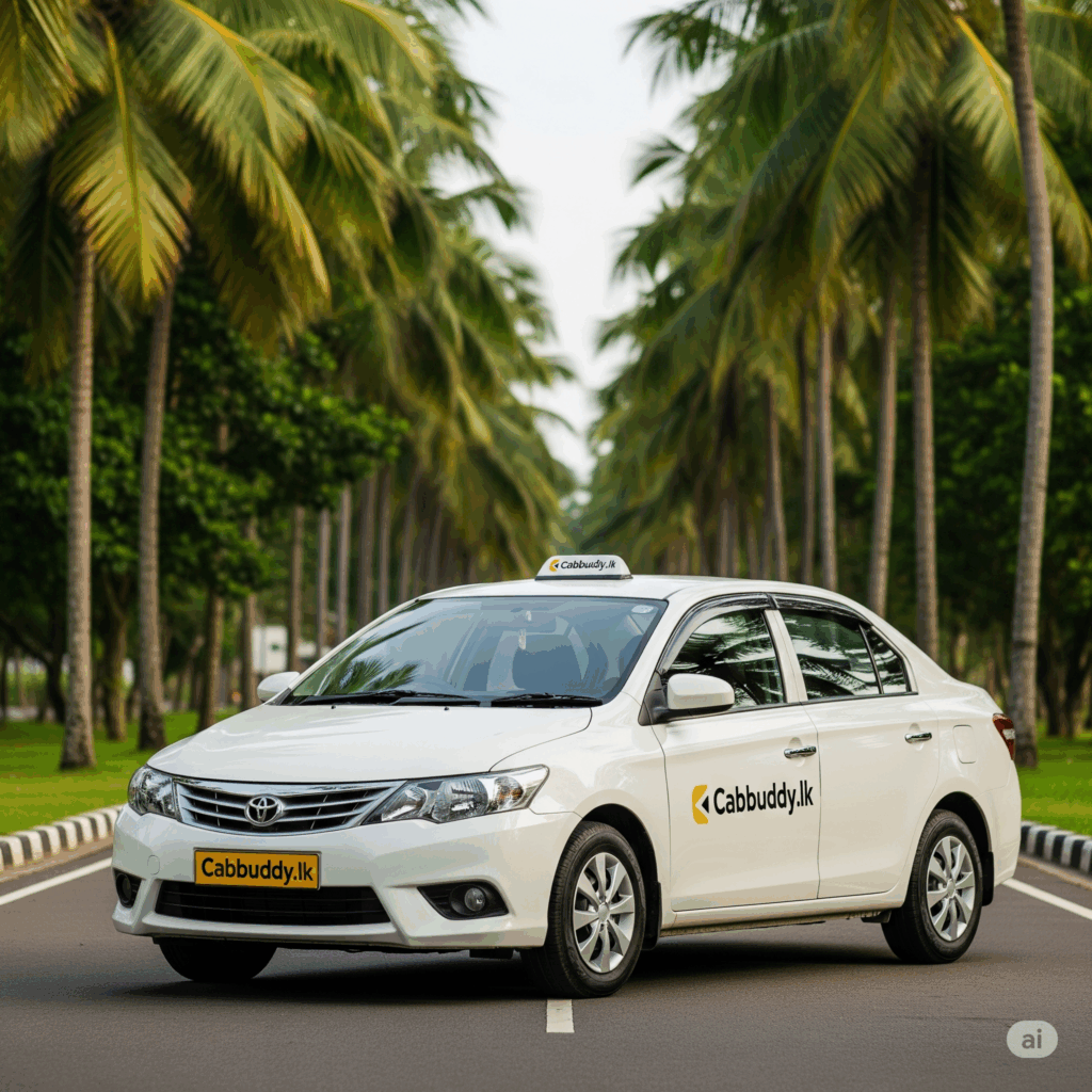 A comfortable Cabbuddy.lk taxi, ideal for your Negombo to Ahangama transfer, awaits its passengers on a sunny day in Sri Lanka.