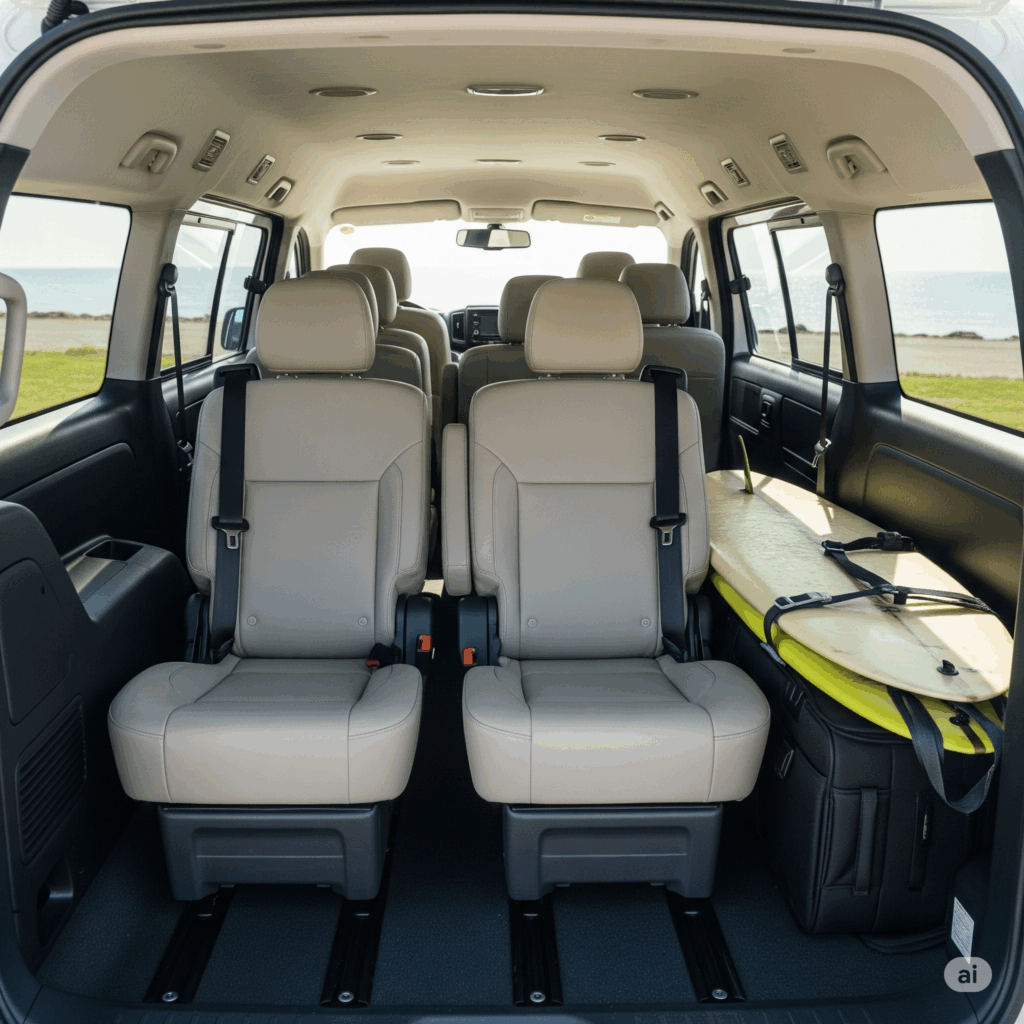 Spacious interior of a Cabbuddy.lk van, perfect for accommodating luggage and surfboards during your Negombo to Ahangama taxi trip.