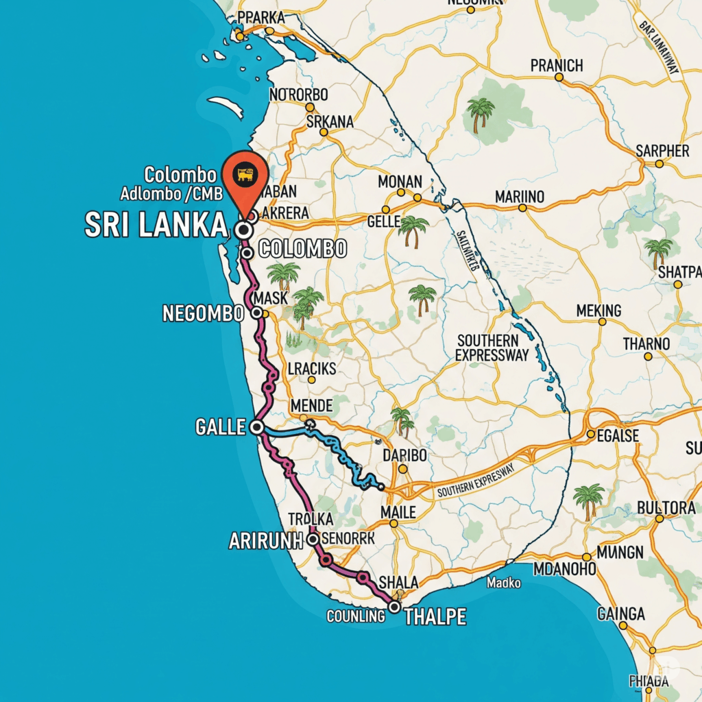 Map showing the direct and efficient route for a taxi from Negombo to Thalpe.