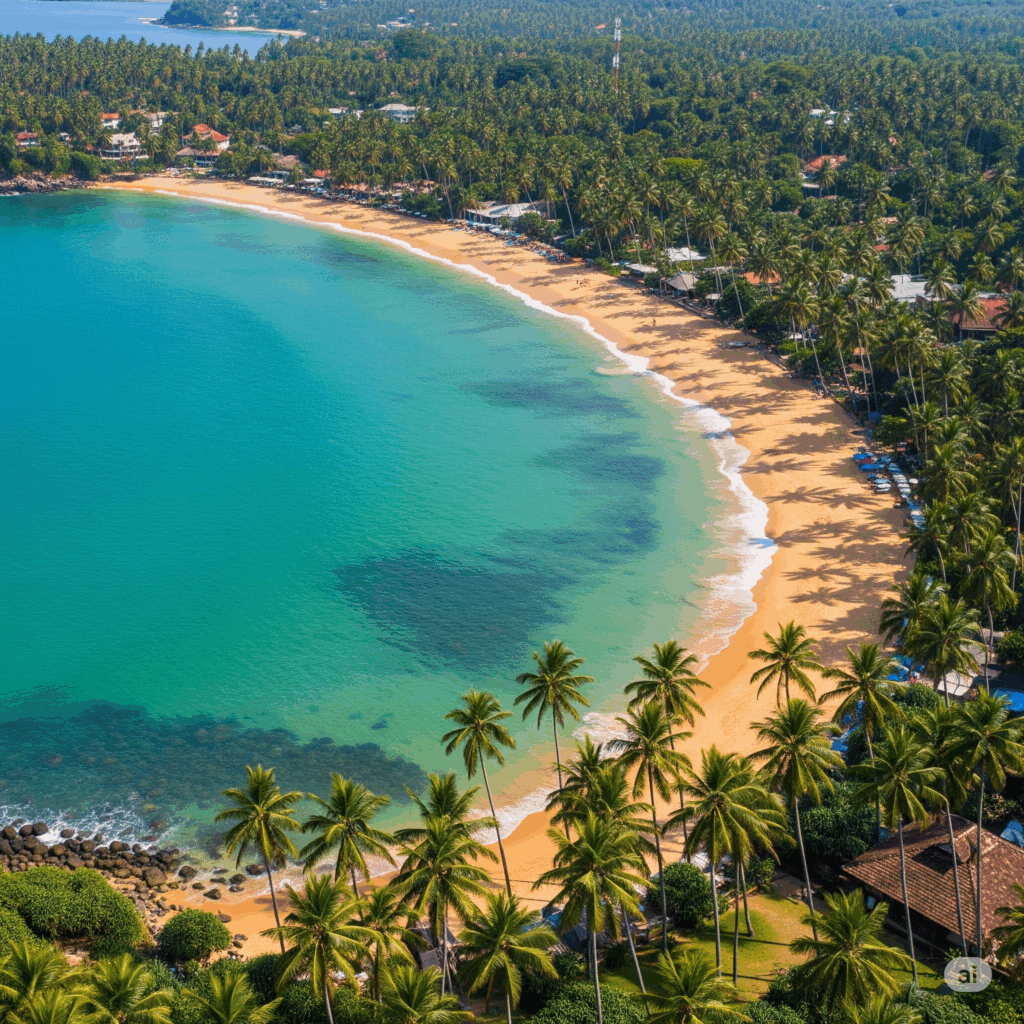 The beautiful crescent-shaped Unawatuna Beach, the idyllic destination awaiting travelers after their journey from Negombo to Unawatuna.
