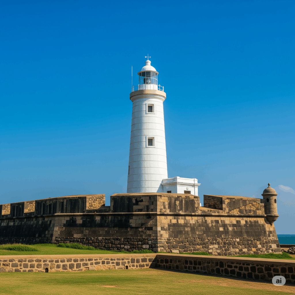 The iconic Galle Fort Lighthouse, a key landmark awaiting travelers after their journey from Negombo to Galle.