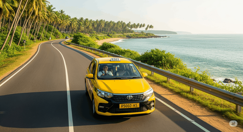 A comfortable taxi on the scenic coastal road, showcasing the beautiful journey from Negombo to Hikkaduwa with Cabbuddy.lk.