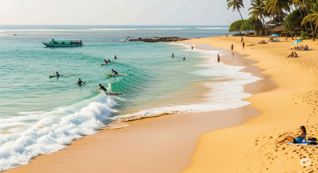 The beautiful, sunny Hikkaduwa beach with surfers and clear water, the ultimate destination after a comfortable taxi transfer from Negombo to Hikkaduwa.
