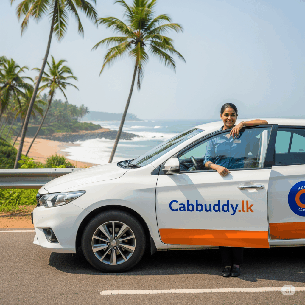 A comfortable Cabbuddy.lk taxi, ideal for a smooth Negombo to Bentota transfer, parked along Sri Lanka's beautiful coastline.