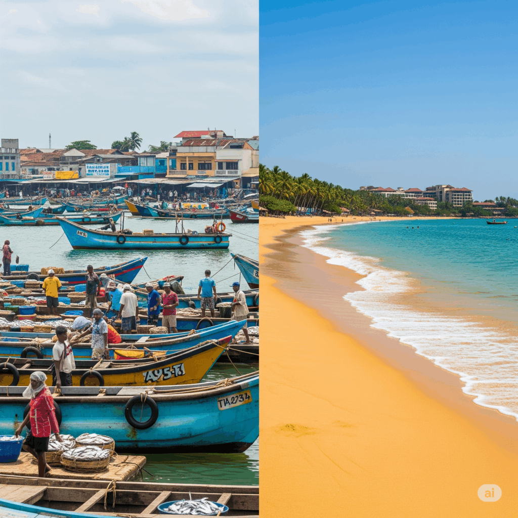 Contrasting scenes of Negombo's lively coastal charm and Bentota's tranquil beaches, highlighting the journey from Negombo to Bentota.