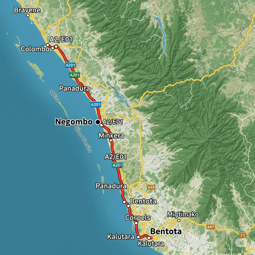 A map illustrating the 111km taxi route from Negombo to Bentota, showcasing the coastal drive through Sri Lanka's western province.