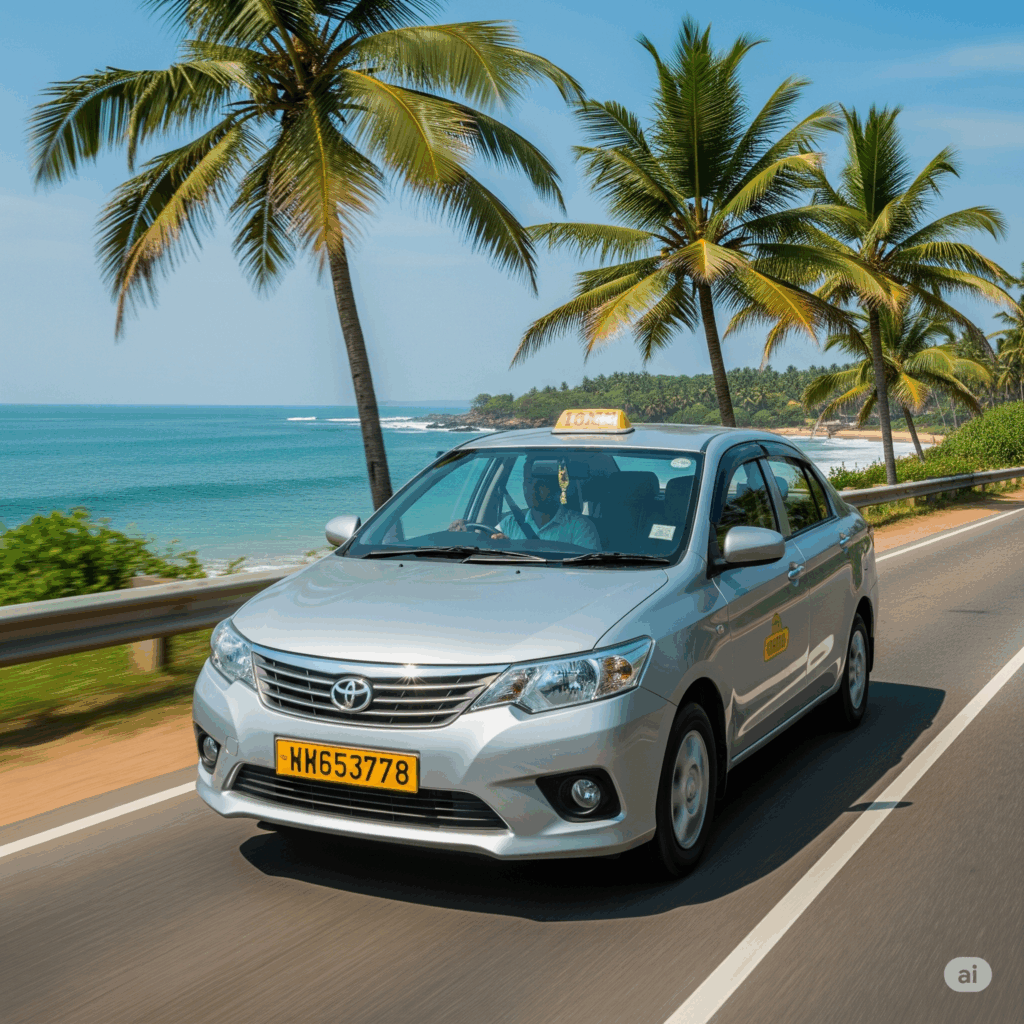 A comfortable taxi driving on a scenic coastal road, offering a smooth Negombo to Beruwala transfer experience.