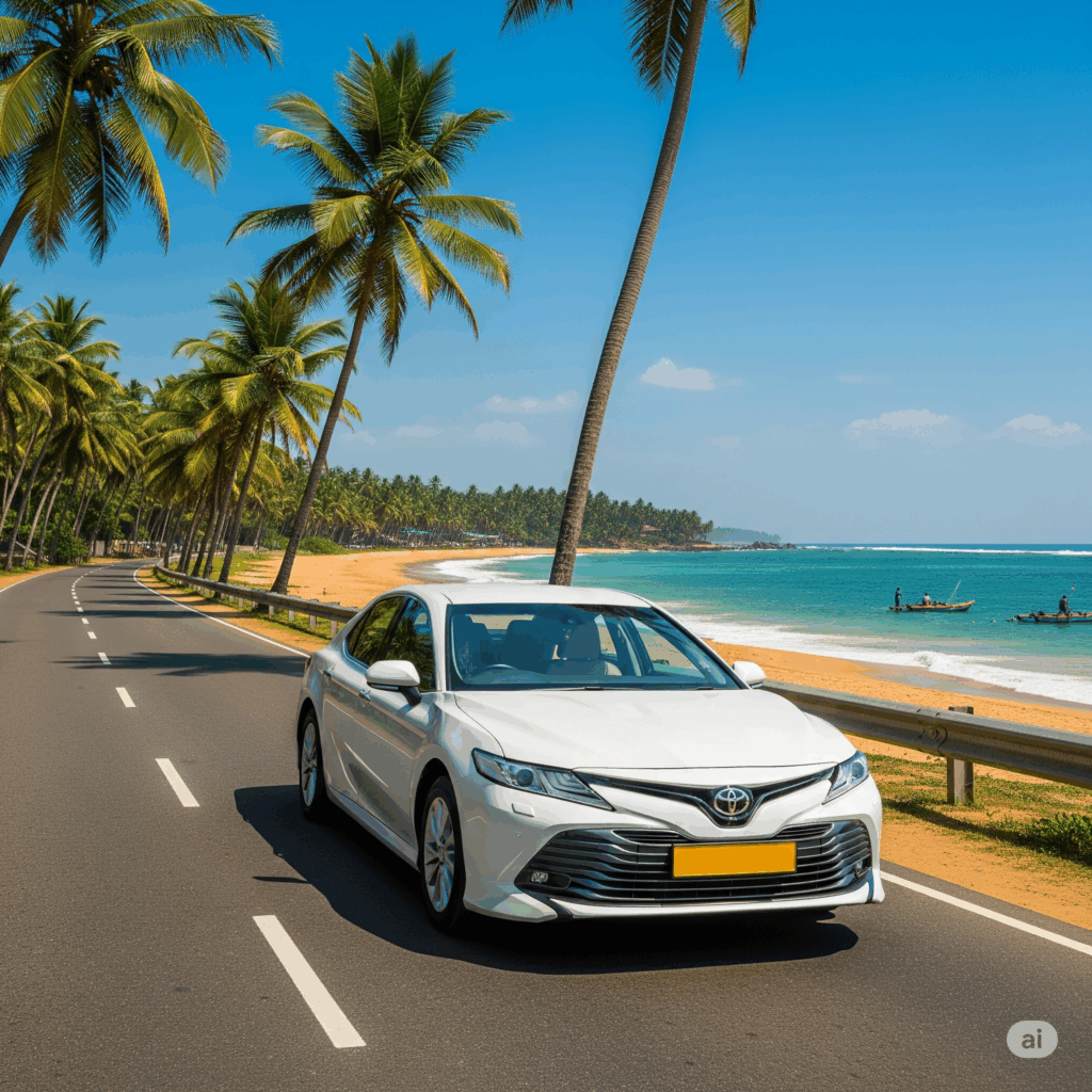 A comfortable car traveling the scenic coastal route for a smooth Negombo to Kalutara taxi journey.