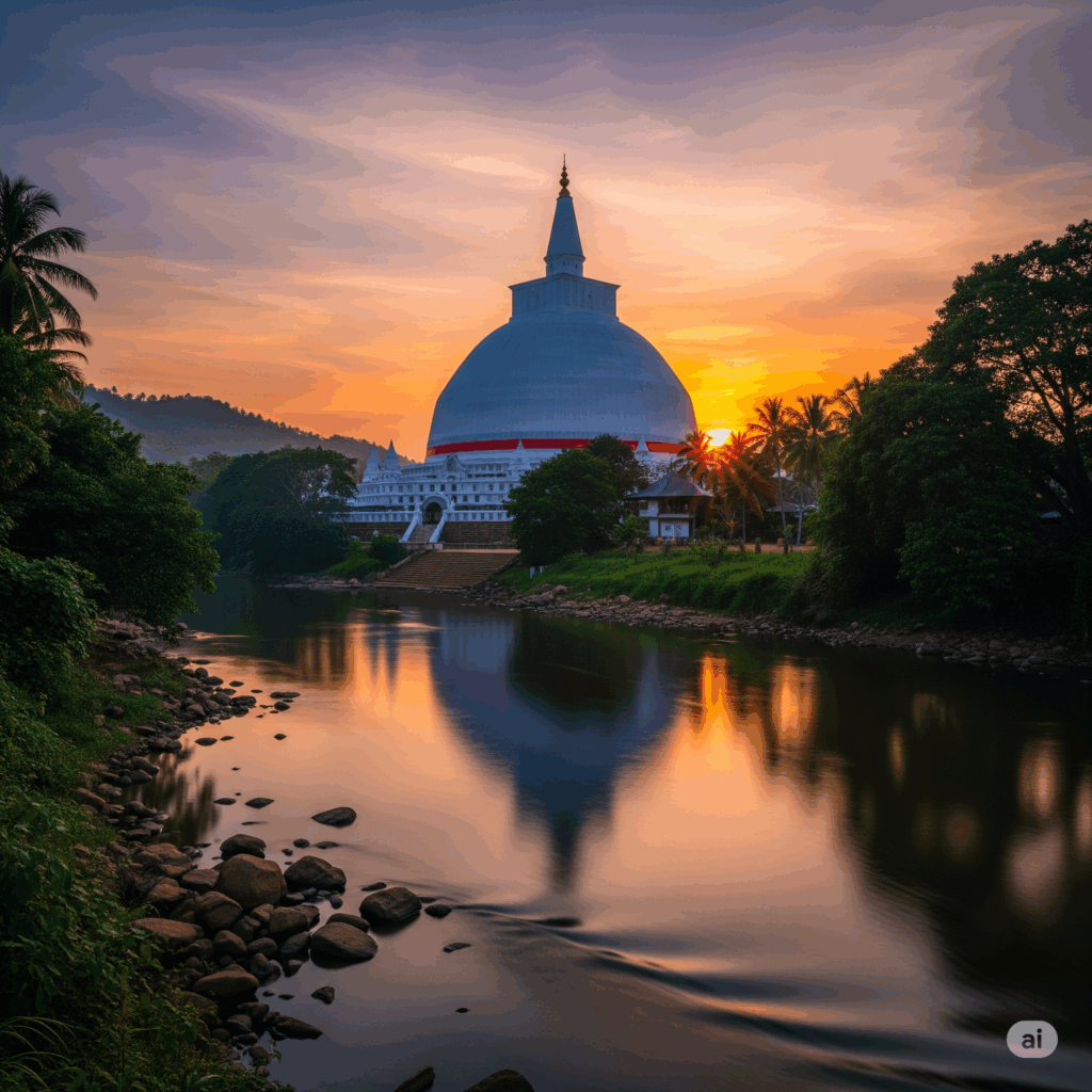 The magnificent Kalutara Bodhiya temple at sunset, a key destination on the Negombo to Kalutara travel route.