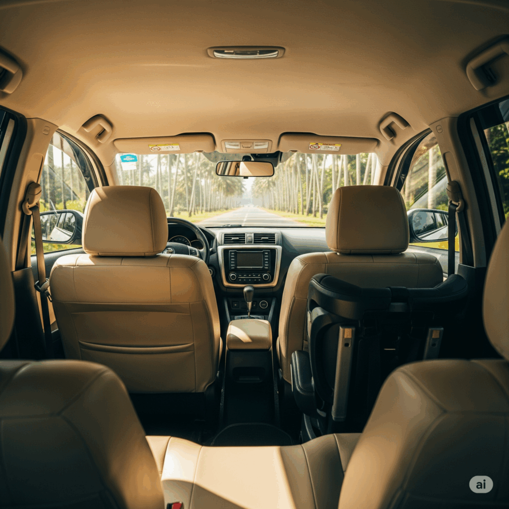 A comfortable and scenic taxi ride from Colombo to Dambulla, showcasing the clean interior of the car and the beautiful Sri Lankan landscape outside.