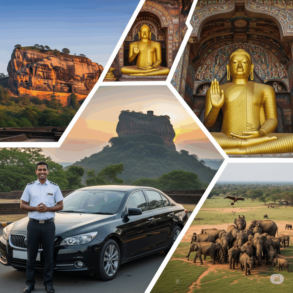 A collage of famous landmarks on the Colombo to Dambulla taxi route, including Sigiriya Rock Fortress and the Dambulla Cave Temple, highlighting the sightseeing opportunities.