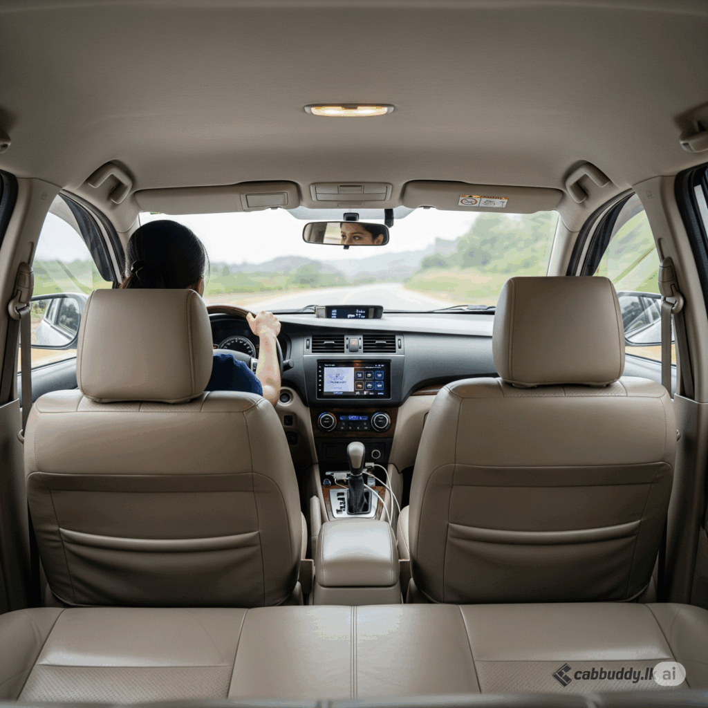 Comfortable and spacious interior of a Cabbuddy.lk taxi, ready for your relaxing Colombo to Kalkudah journey.