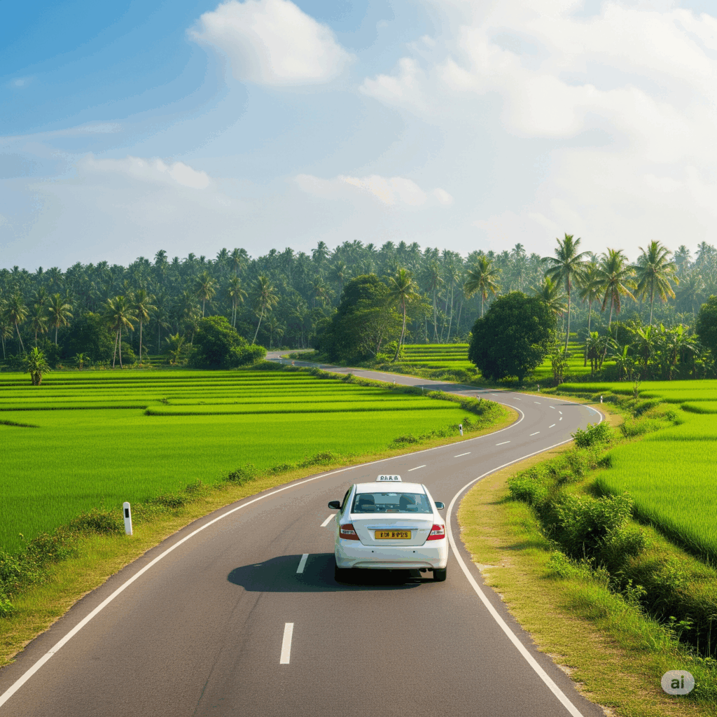 A smooth road stretching through picturesque Sri Lankan countryside, representing the beautiful route from Colombo to Kalkudah by taxi.