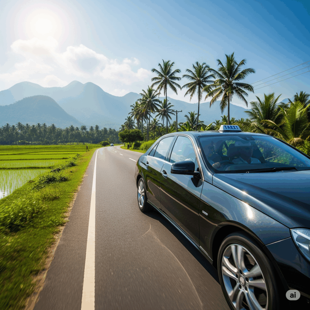 A comfortable, air-conditioned taxi driving on a scenic road, offering a smooth and private Colombo to Trincomalee journey.