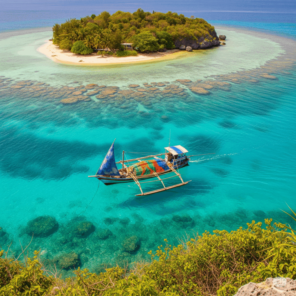 Aerial view of Pigeon Island National Park with clear blue waters and coral reefs, a popular stop on the Colombo to Nilaveli route for snorkeling.