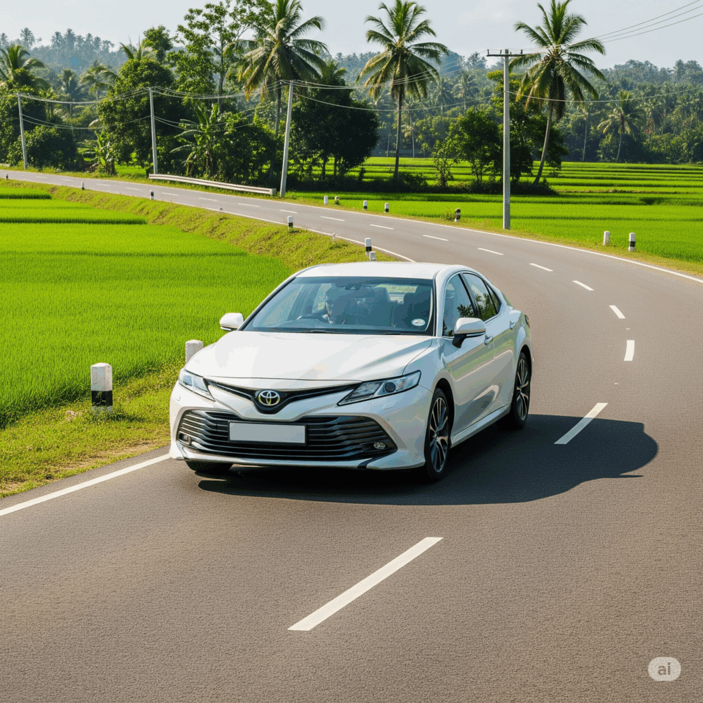 A reliable private taxi on its way from Colombo to Arugam Bay, offering comfortable and safe transport through scenic Sri Lankan landscapes.