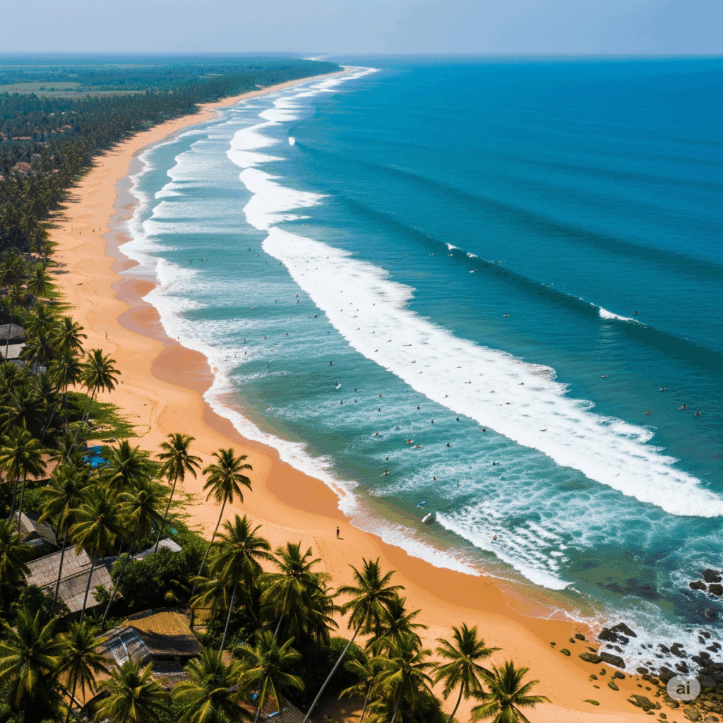 The stunning Arugam Bay coastline, a popular destination after a comfortable Colombo to Arugam Bay taxi journey, renowned for its excellent surf and relaxed atmosphere.