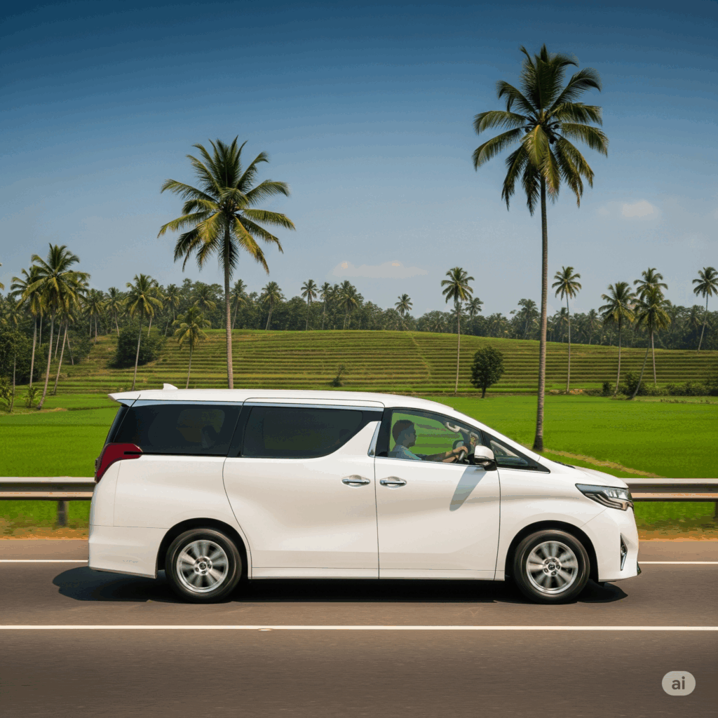 Private taxi on a scenic road, offering comfortable travel from Colombo to Polonnaruwa.
