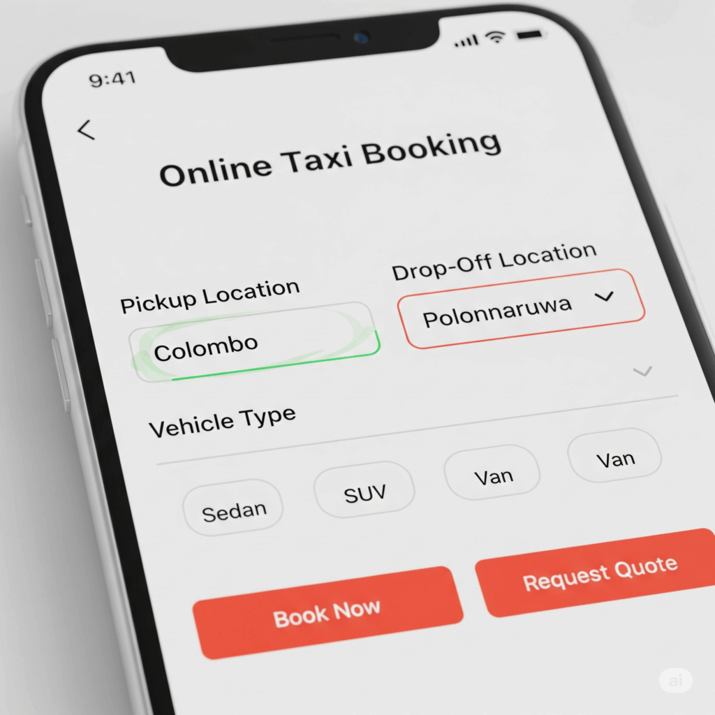 Online booking interface for a seamless and easy taxi reservation from Colombo to Polonnaruwa.