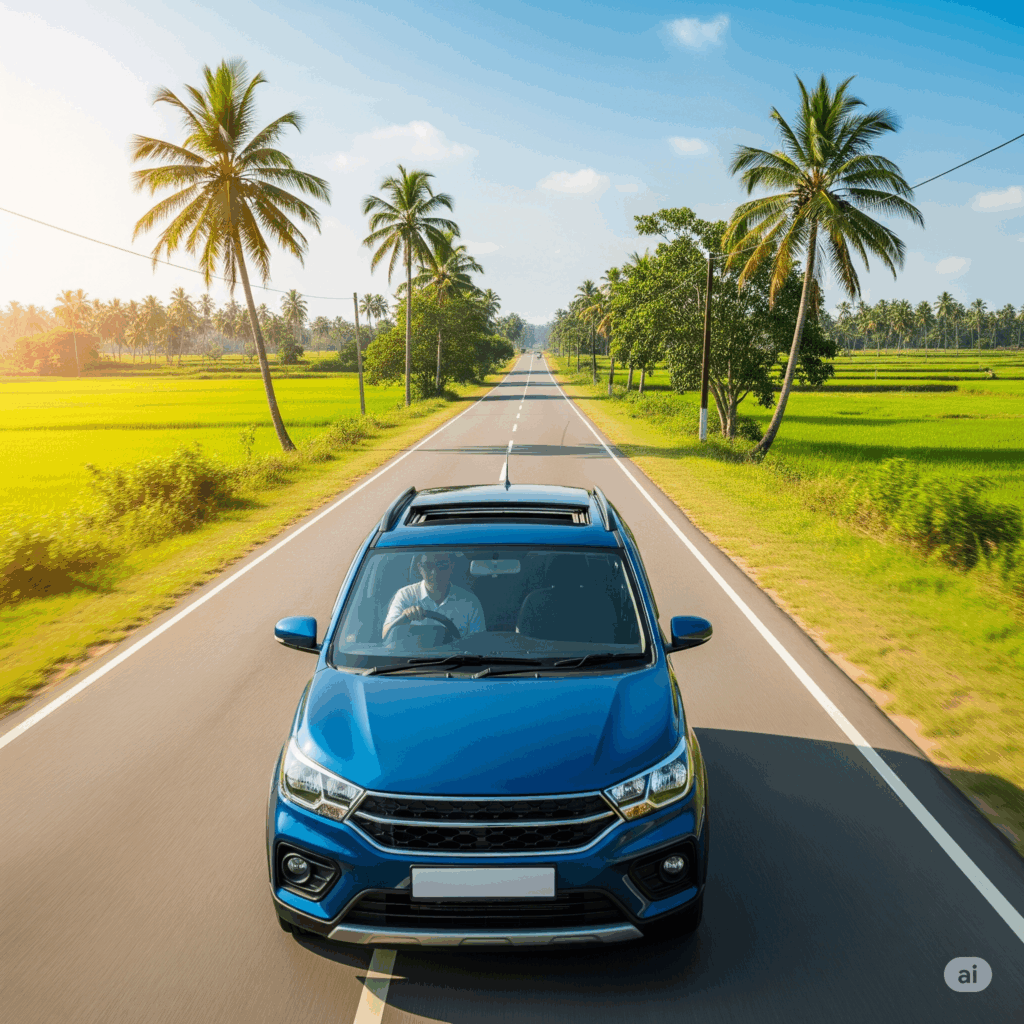 A comfortable private taxi driving on a scenic road, offering a smooth and reliable journey for your Colombo to Anuradhapura trip.
