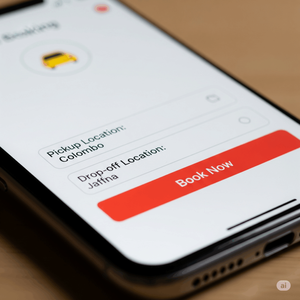 An online booking platform on a phone, illustrating the easy process to book a Colombo to Jaffna cab service.