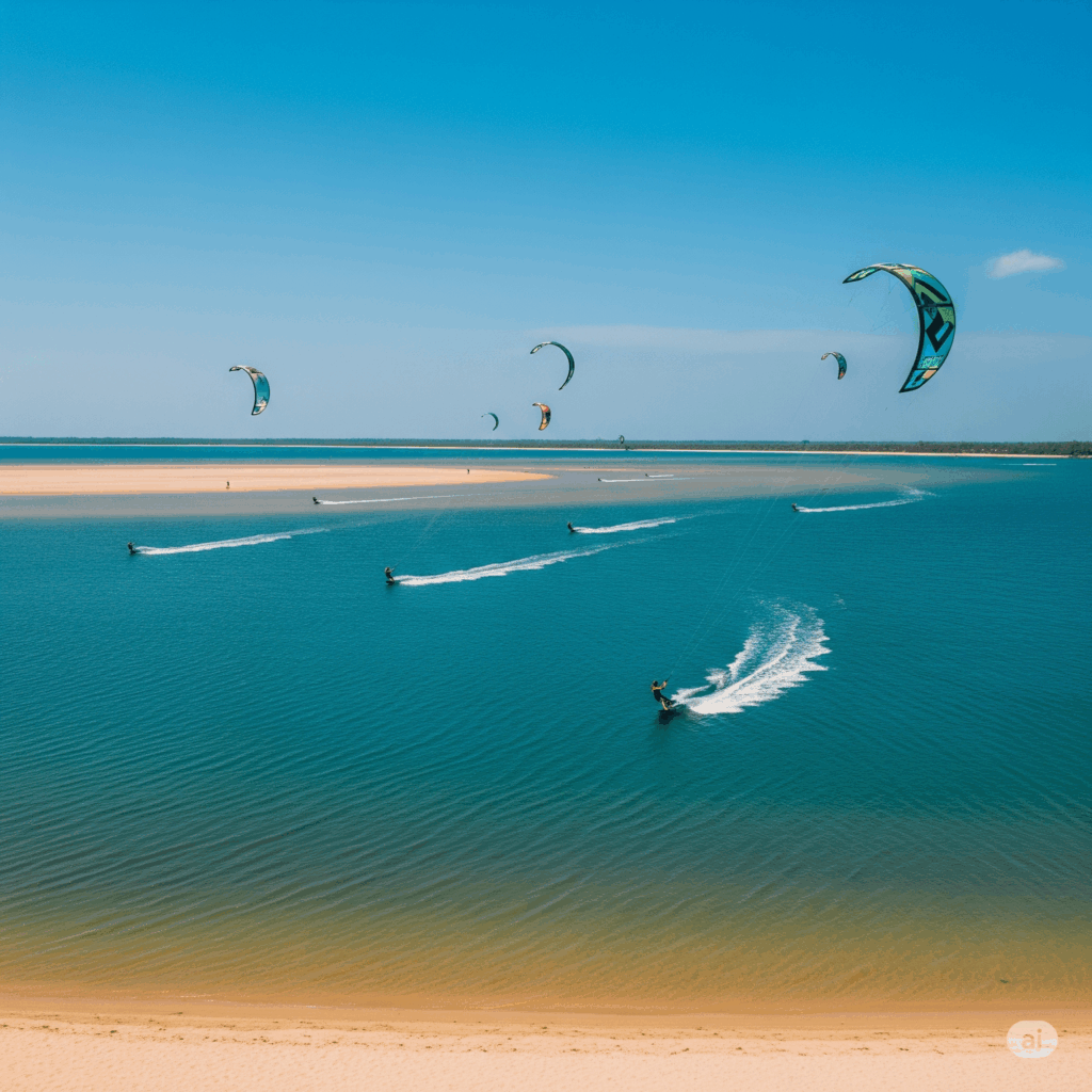 Kitesurfers enjoying the ideal conditions on the Kalpitiya Lagoon, showcasing the adventurous destination reached by a Colombo to Kalpitiya transfer.