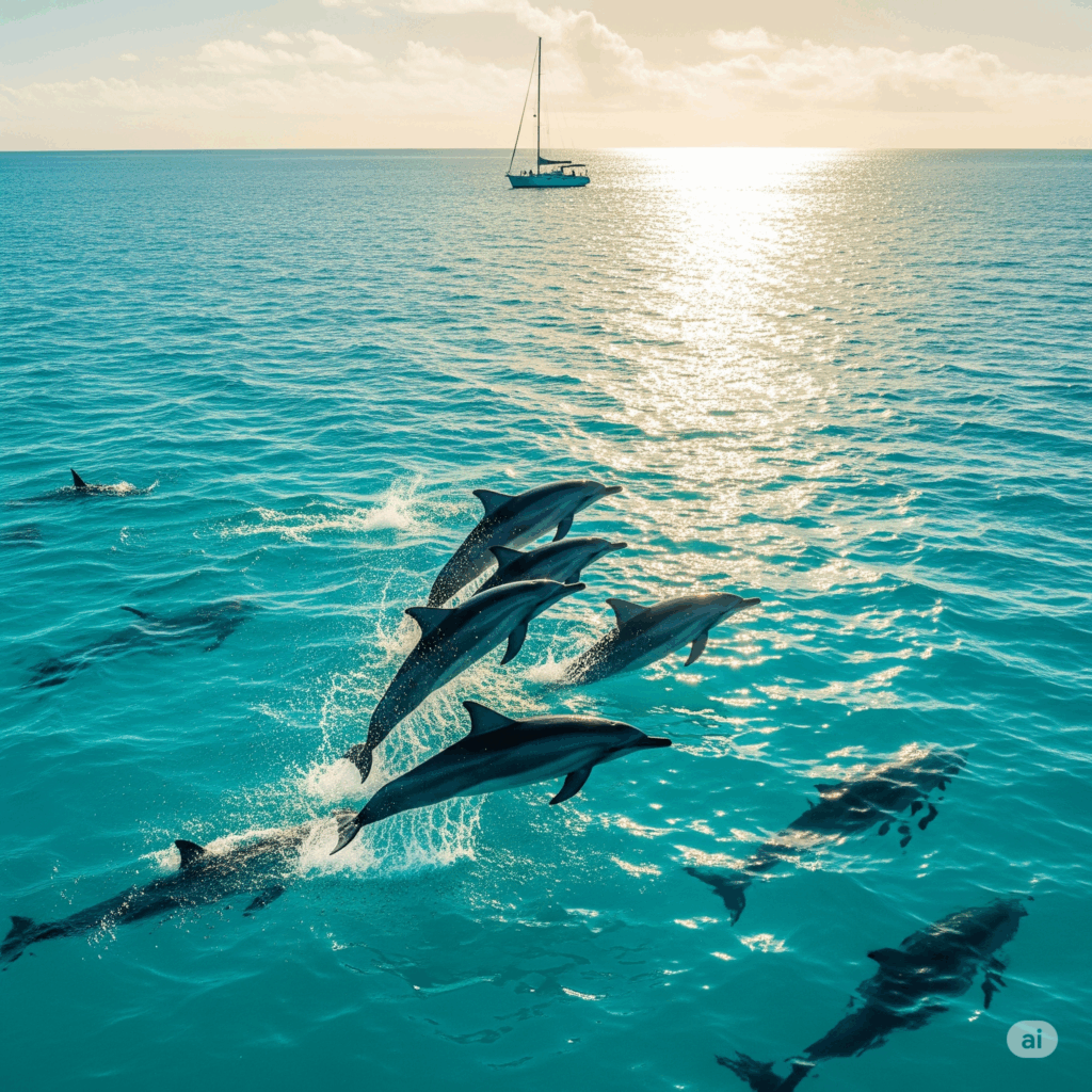 Playful spinner dolphins leaping from the ocean near Kalpitiya, a common sight for those who take a Colombo to Kalpitiya taxi to experience the region's natural wonders.