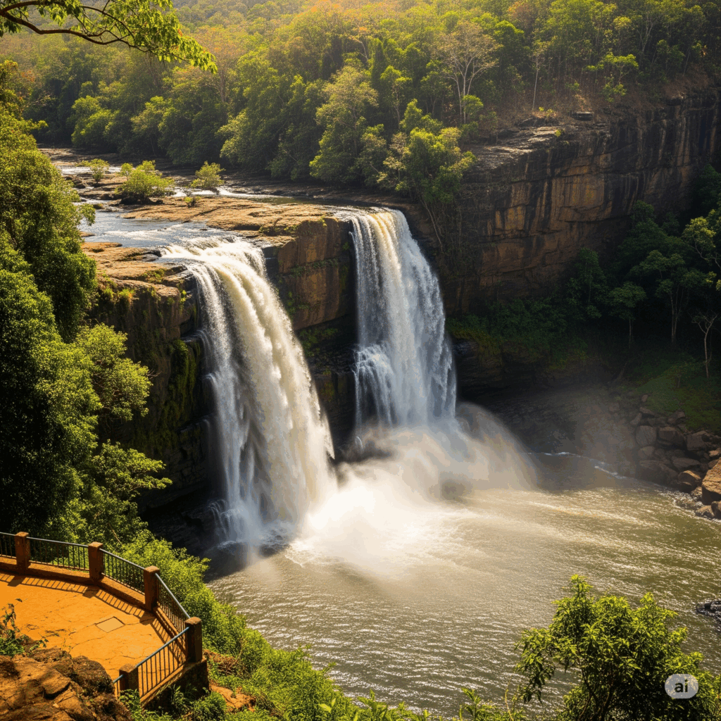 The stunning St. Clair's Falls, a must-see waterfall visible during the beautiful taxi drive from Colombo to Nuwara Eliya.