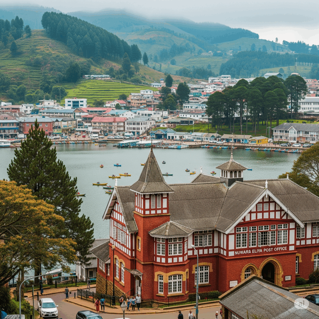 The charming town of Nuwara Eliya, the final destination of the Colombo to Nuwara Eliya journey, featuring its historic post office and cool, misty climate.