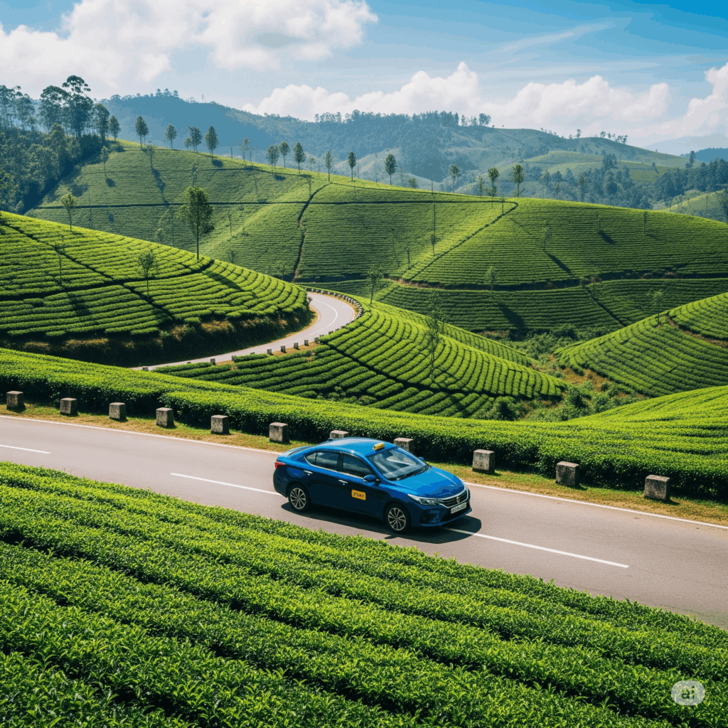 A comfortable cab on the beautiful scenic route from Colombo to Nuwara Eliya, driving through lush, green tea plantations on a sunny day.