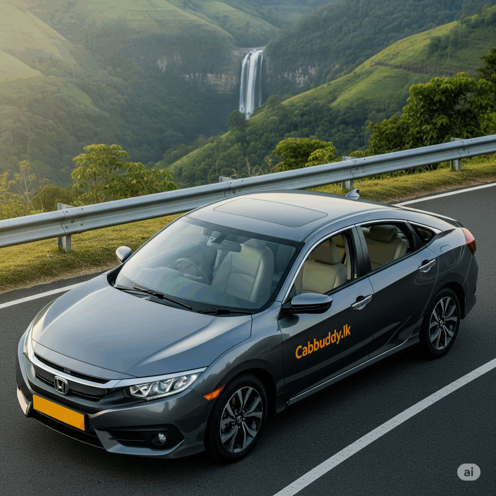 A comfortable Cabbuddy.lk taxi, perfect for your private transfer from Colombo to Ella, awaits amidst Sri Lanka's beautiful hill country scenery.