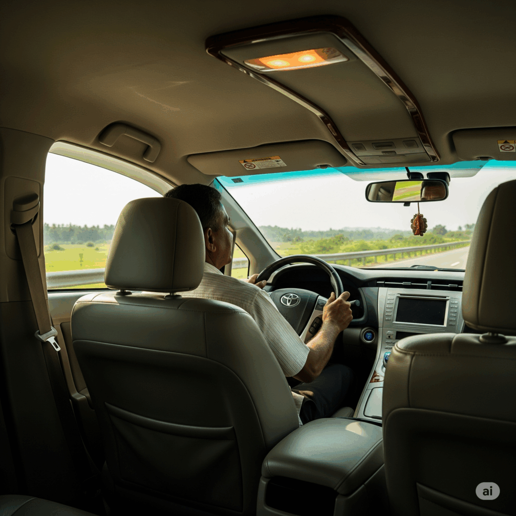 A comfortable private taxi on a highway, illustrating a smooth journey from Colombo to Udawalawe.