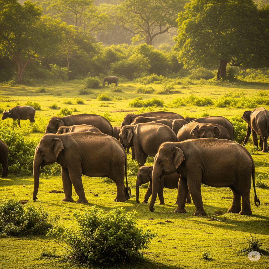 Majestic elephants grazing in Udawalawe National Park, the ultimate destination after your Colombo to Udawalawe transfer.