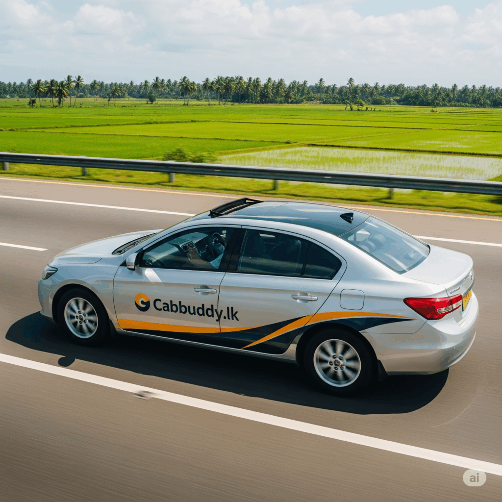 A comfortable private taxi travels along the scenic Southern Expressway, showcasing a smooth and relaxing journey from Colombo to Yala with Cabbuddy.lk.