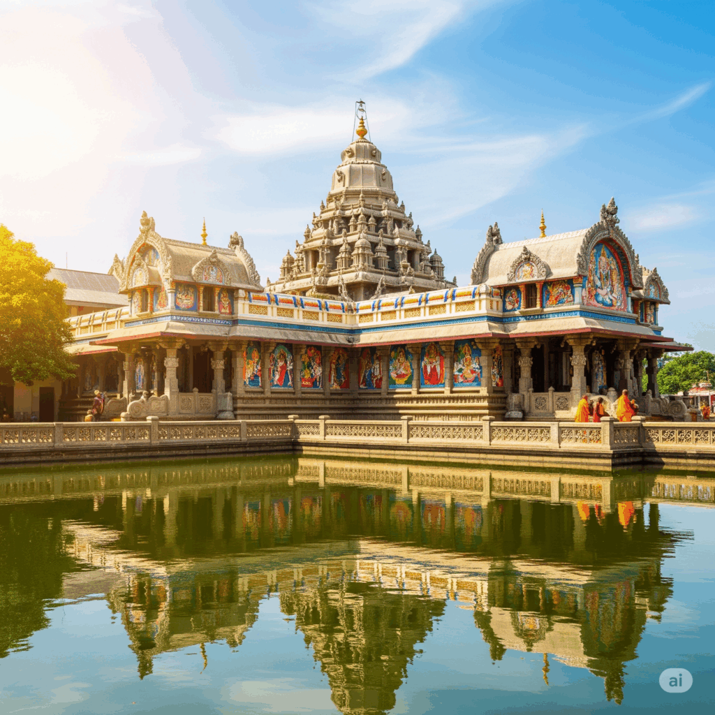 Gangaramaya Temple in Colombo, a serene spiritual stop on a journey from Colombo to Kataragama, reflecting its beauty in Beira Lake.