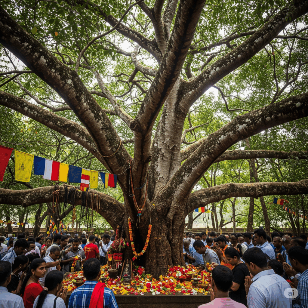 Devotees offering prayers at the sacred Bo Tree in Kataragama, a significant pilgrimage site for those traveling from Colombo to Kataragama.