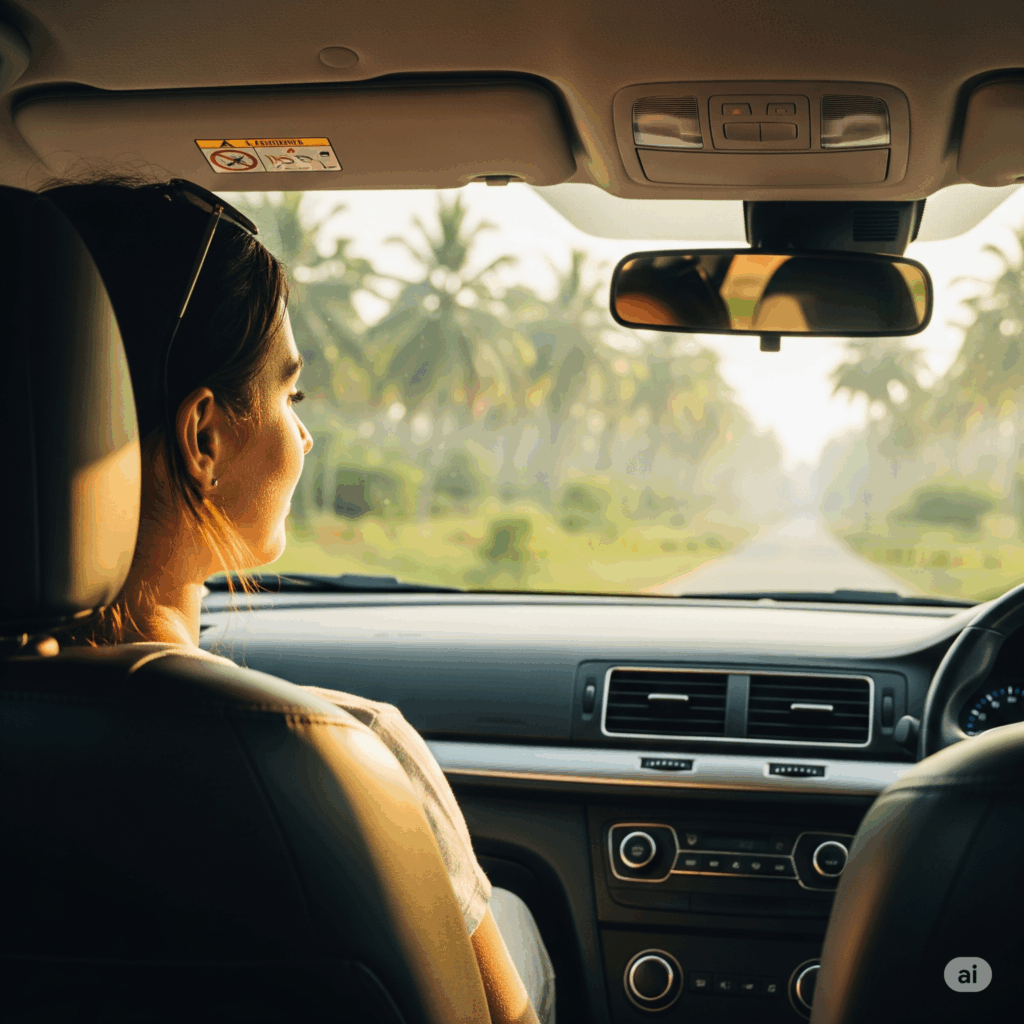 A relaxed passenger enjoying the comfortable and air-conditioned ride in a private cab, looking out the window at the scenery during the transfer from Colombo to Tangalle.