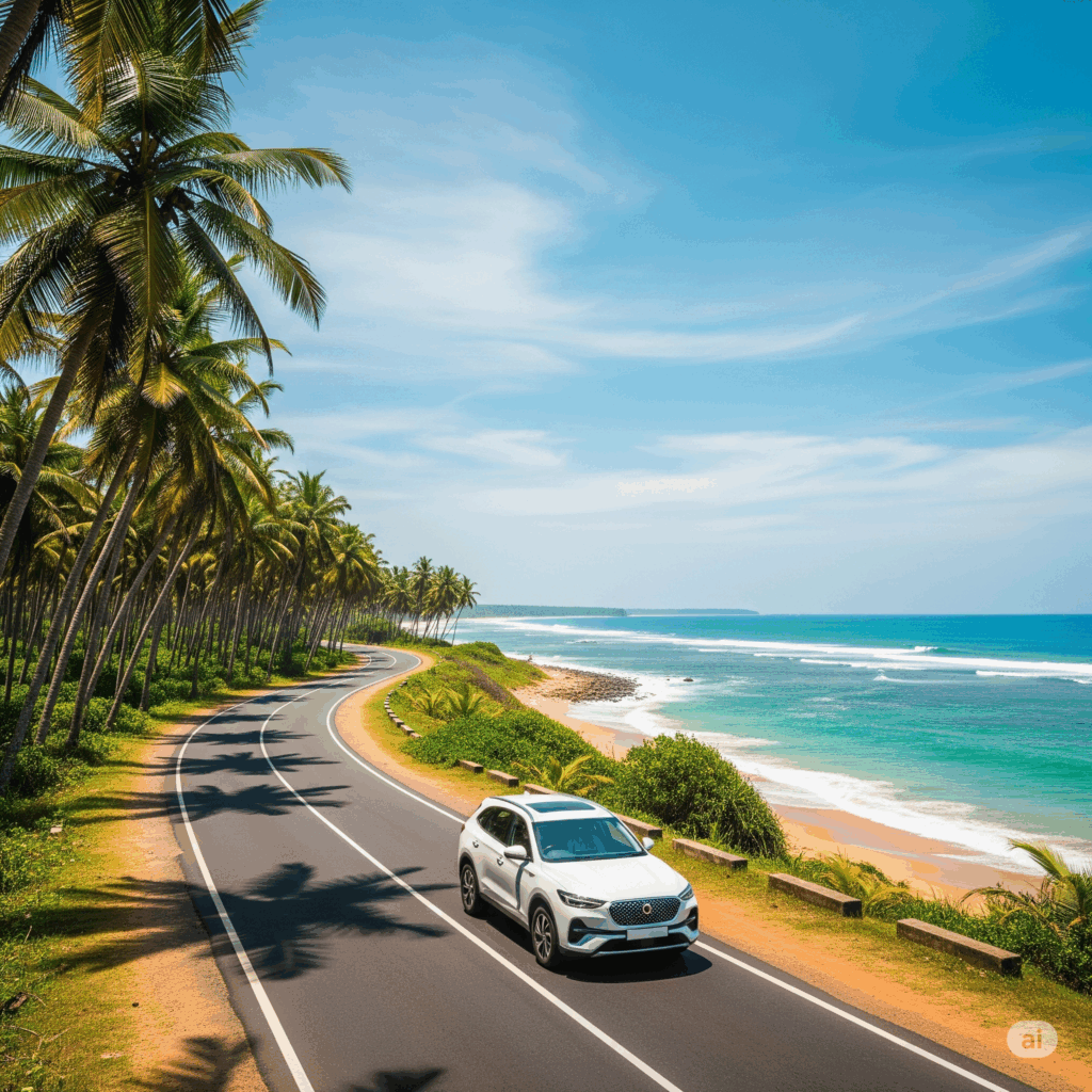 A modern taxi driving along the scenic coastal highway on the journey from Colombo to Tangalle, with lush palm trees on one side and the blue ocean on the other.